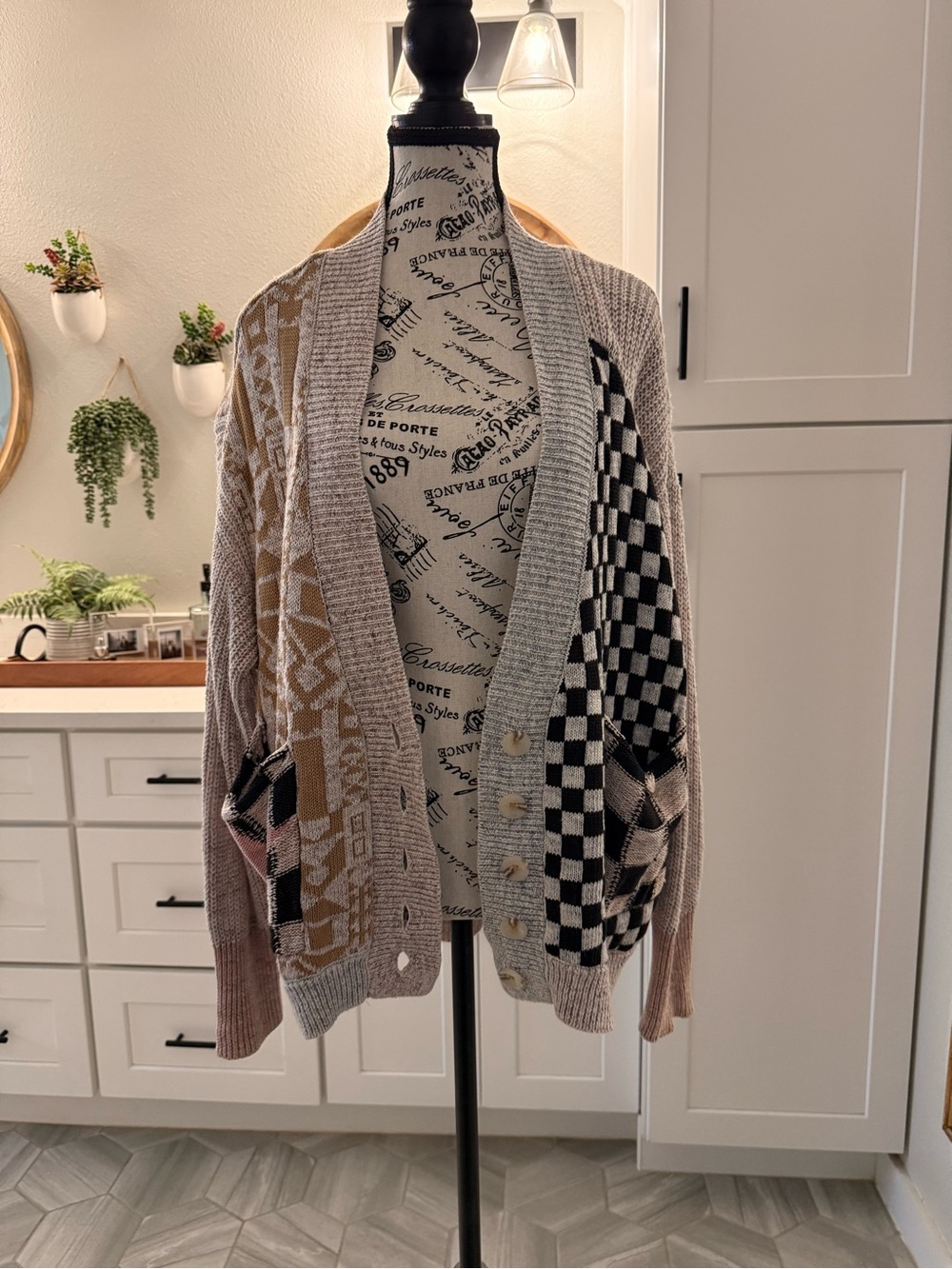 Pilcro Anthropologie Mash-Up Cardigan Sweater Checkerboard Size S - Picture 4 of 9